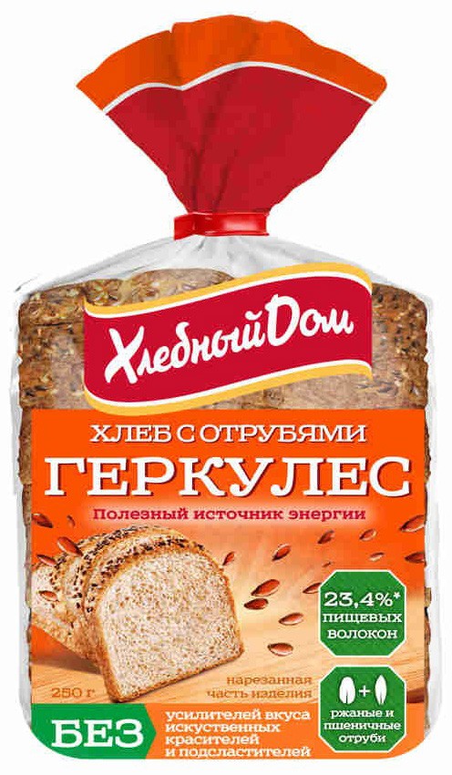 Хлеб 'Геркулес' с отрубями нарез. 250г, Хлебный Дом