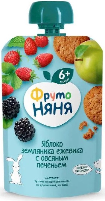 Пюре 'ФрутоНяня' яблоко/земляника/ежевика/овс.печенье д/п 90г 
