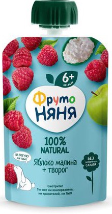 Пюре 'ФрутоНяня' яблоко/малина/творог д/п 90г БЗМЖ