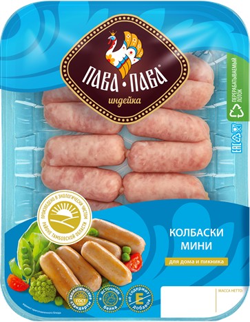 Мини-колбаски из мяса индейки охл. 330г, Пава Пава